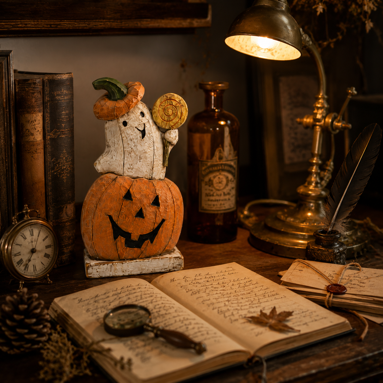 Trick-or-Treat Pumpkin Ghost Wooden Figurine