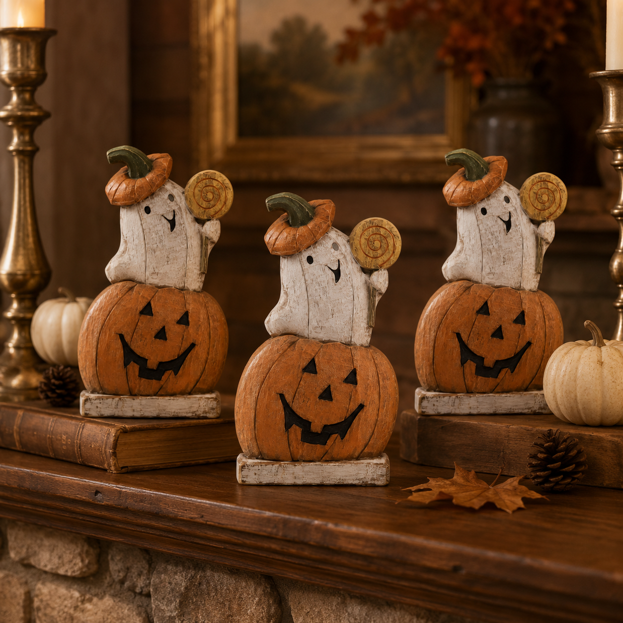 Trick-or-Treat Pumpkin Ghost Wooden Figurine