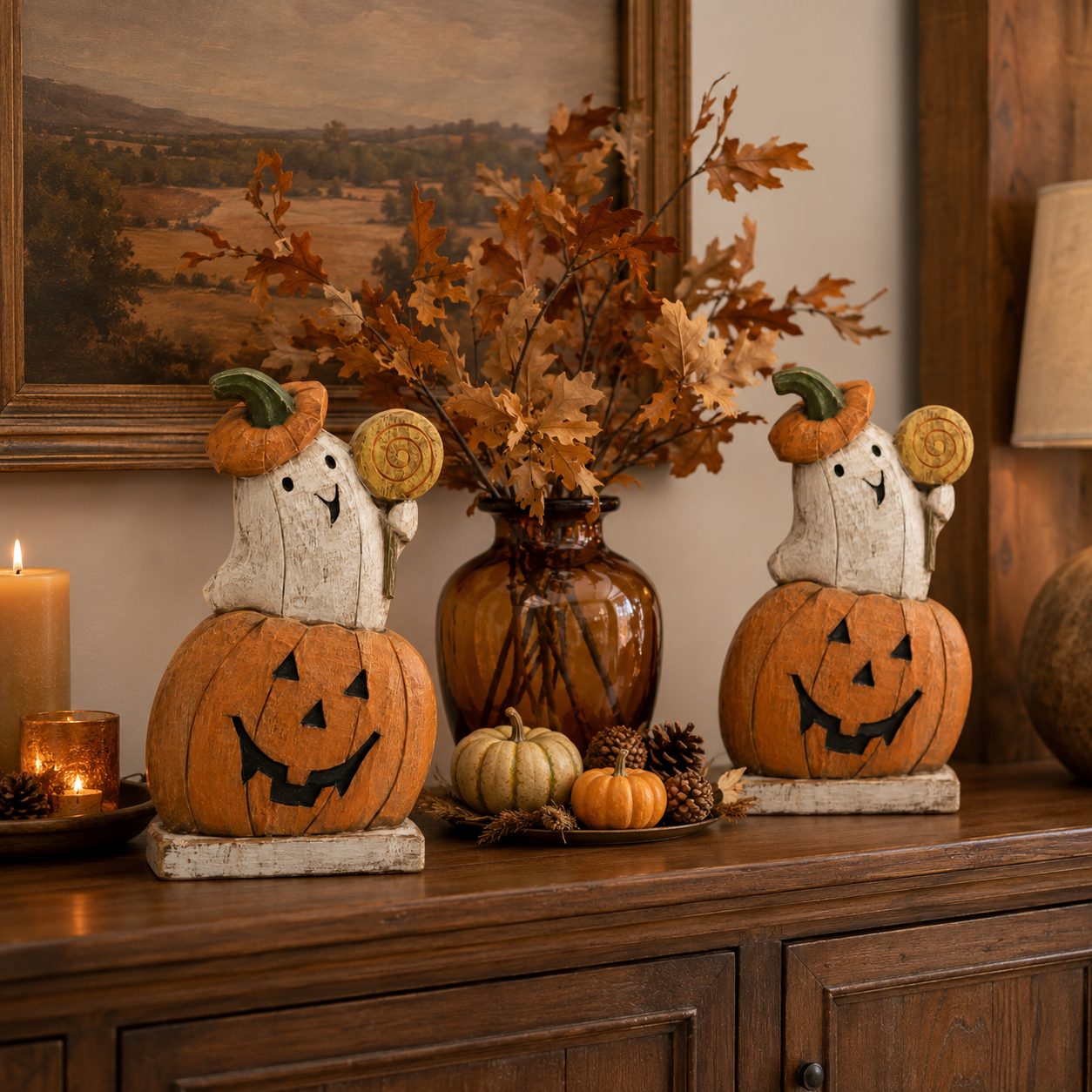 Trick-or-Treat Pumpkin Ghost Wooden Figurine
