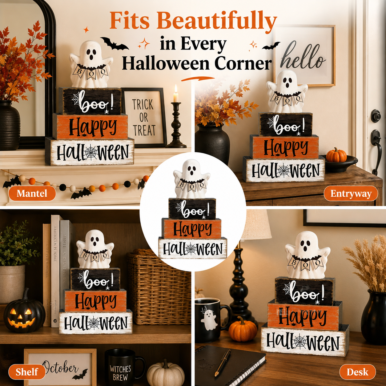 Happy Boo Halloween Stacked Block Sign