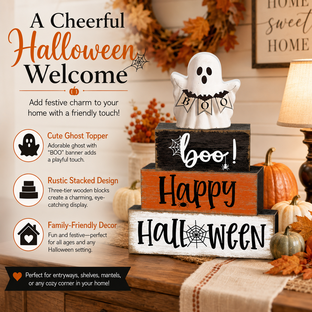 Happy Boo Halloween Stacked Block Sign