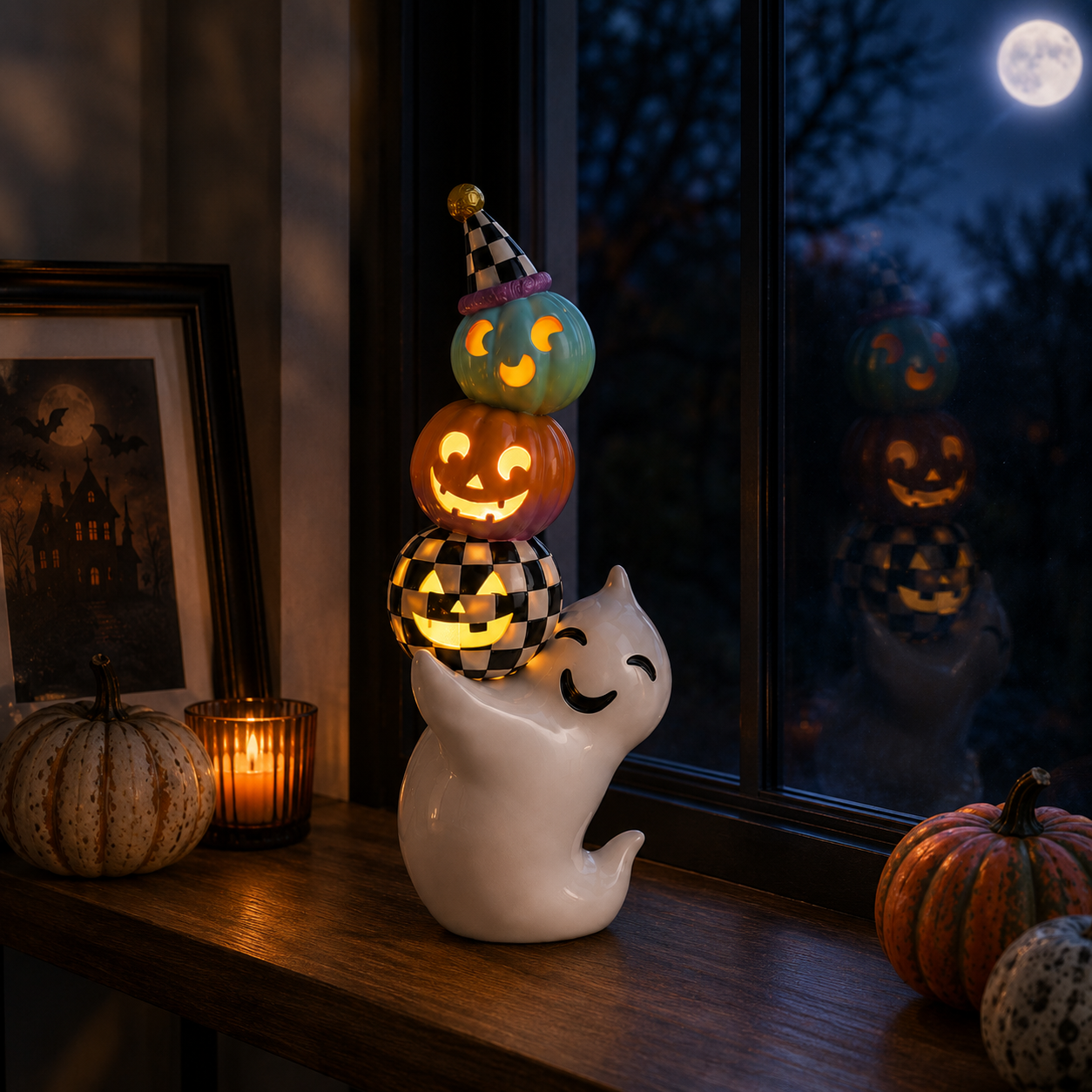 Whimsical Ghost Pumpkin Stack Light