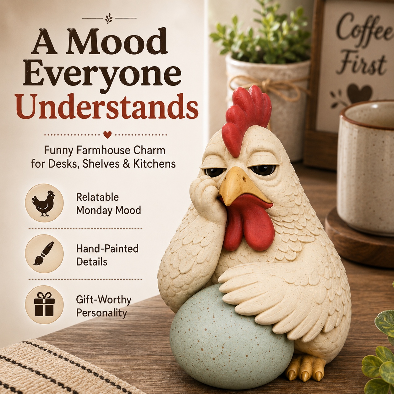 Monday Mood Hen Figurine with Speckled Egg – Funny Farmhouse Chicken Décor