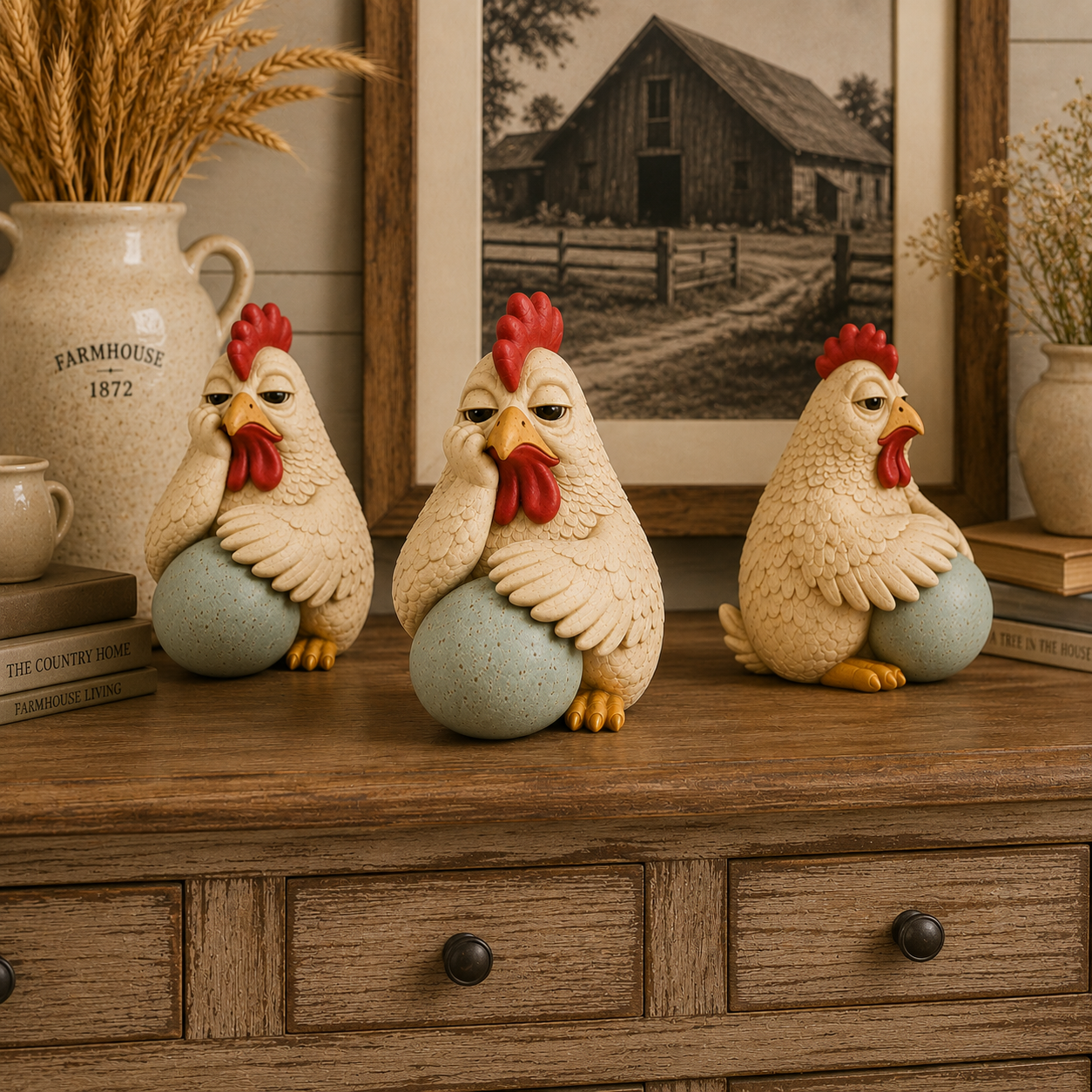 Monday Mood Hen Figurine with Speckled Egg – Funny Farmhouse Chicken Décor