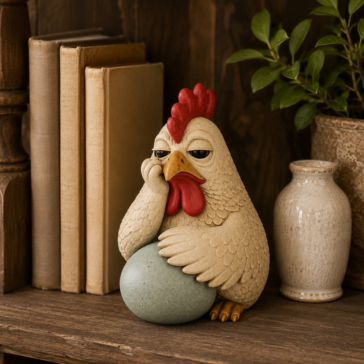 Monday Mood Hen Figurine with Speckled Egg – Funny Farmhouse Chicken Décor