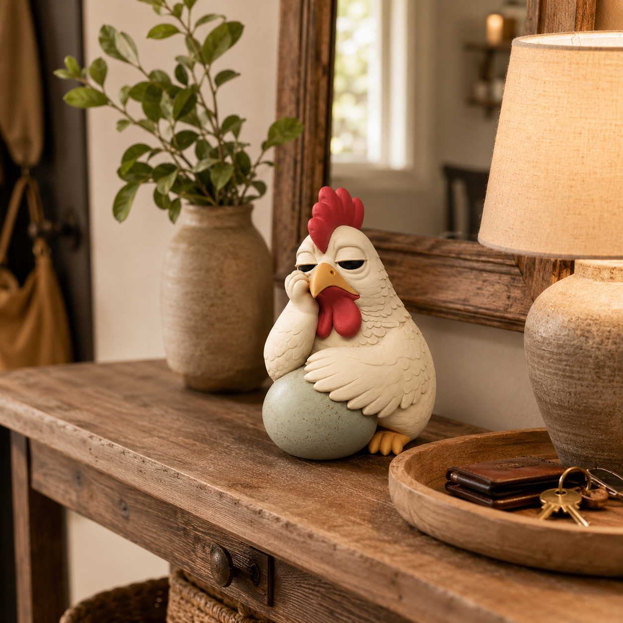 Monday Mood Hen Figurine with Speckled Egg – Funny Farmhouse Chicken Décor