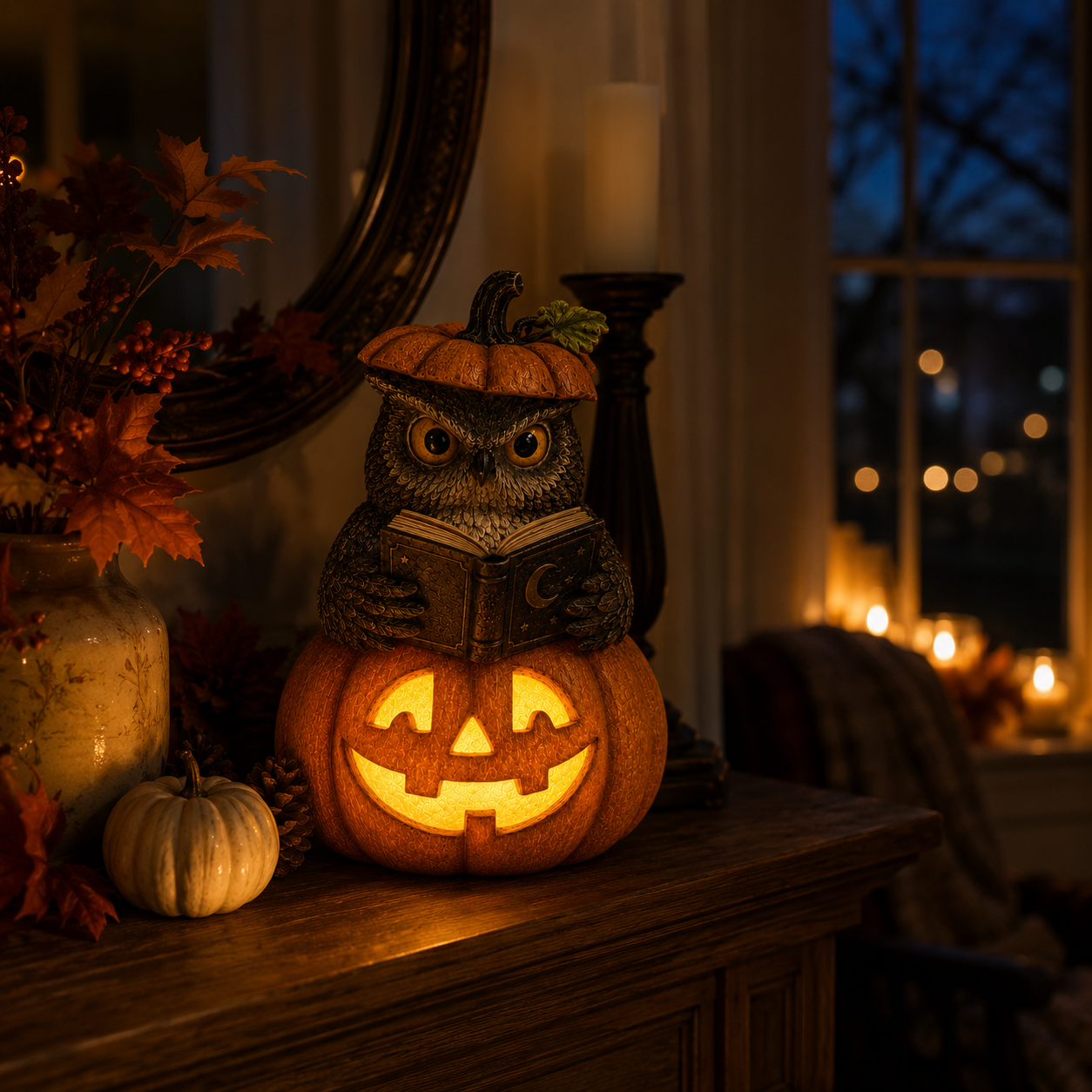 Lighted Halloween Owl Pumpkin Figurine