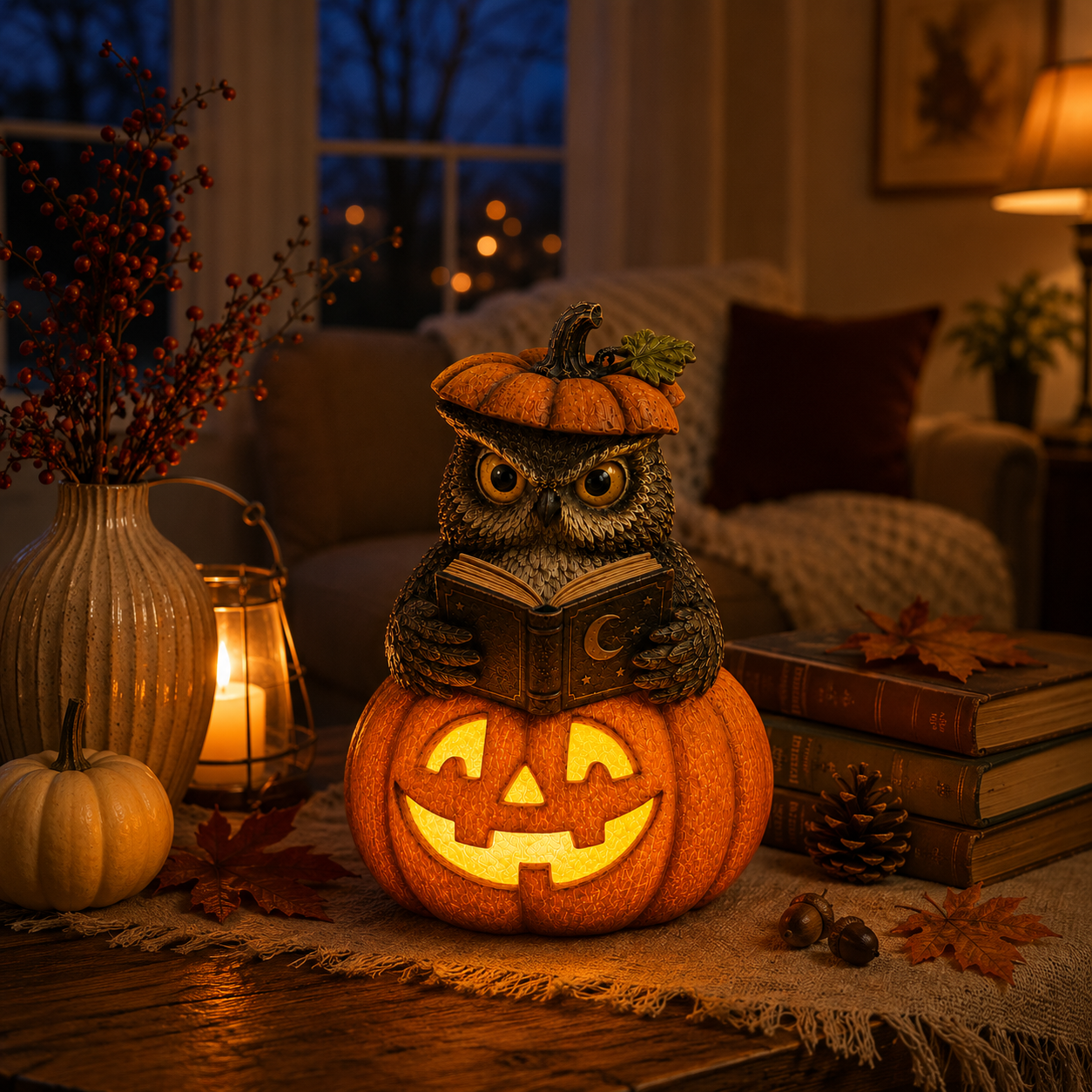 Lighted Halloween Owl Pumpkin Figurine