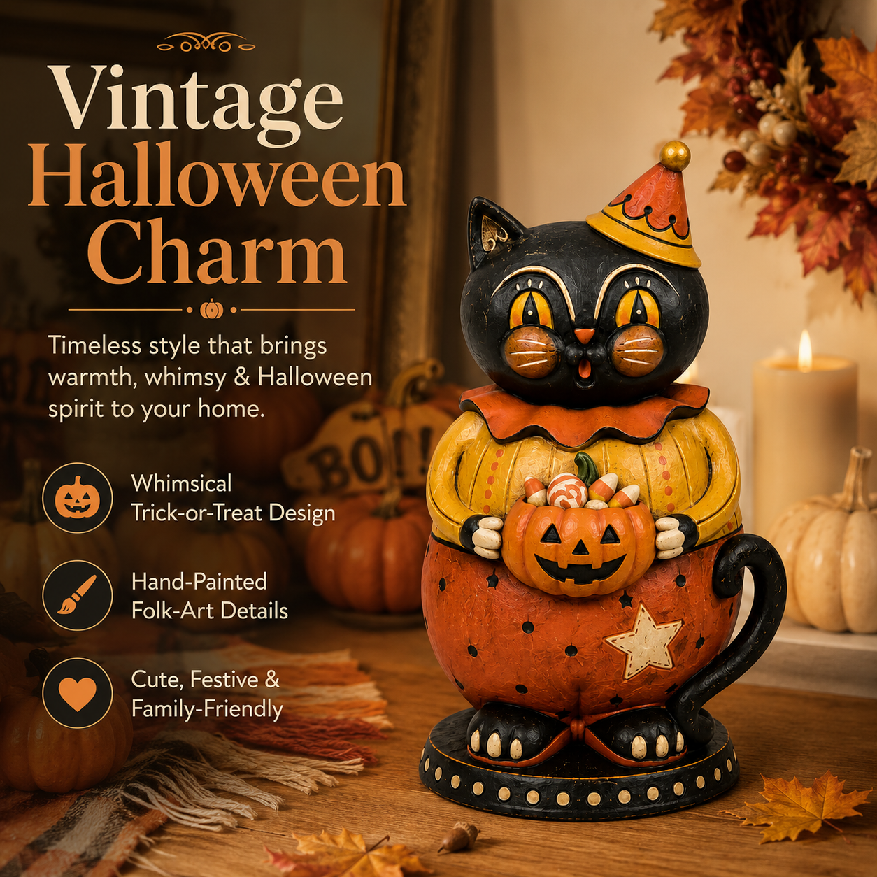 Vintage Trick-or-Treat Black Cat Figurine 🎃