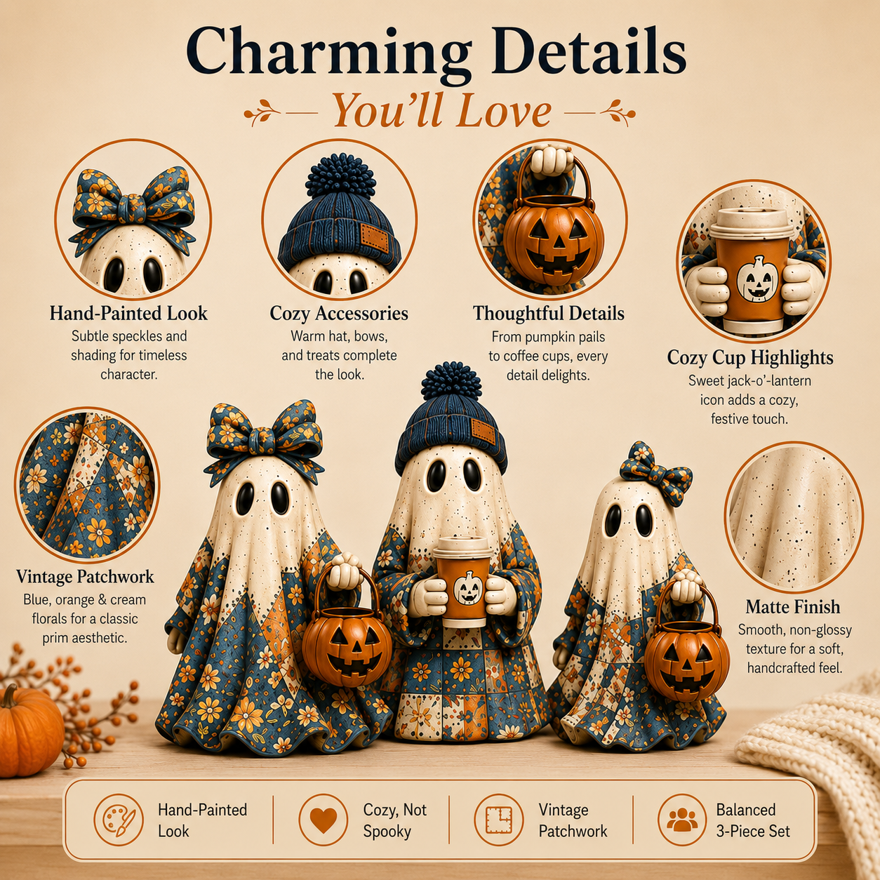 Cozy Patchwork Ghost Figurines