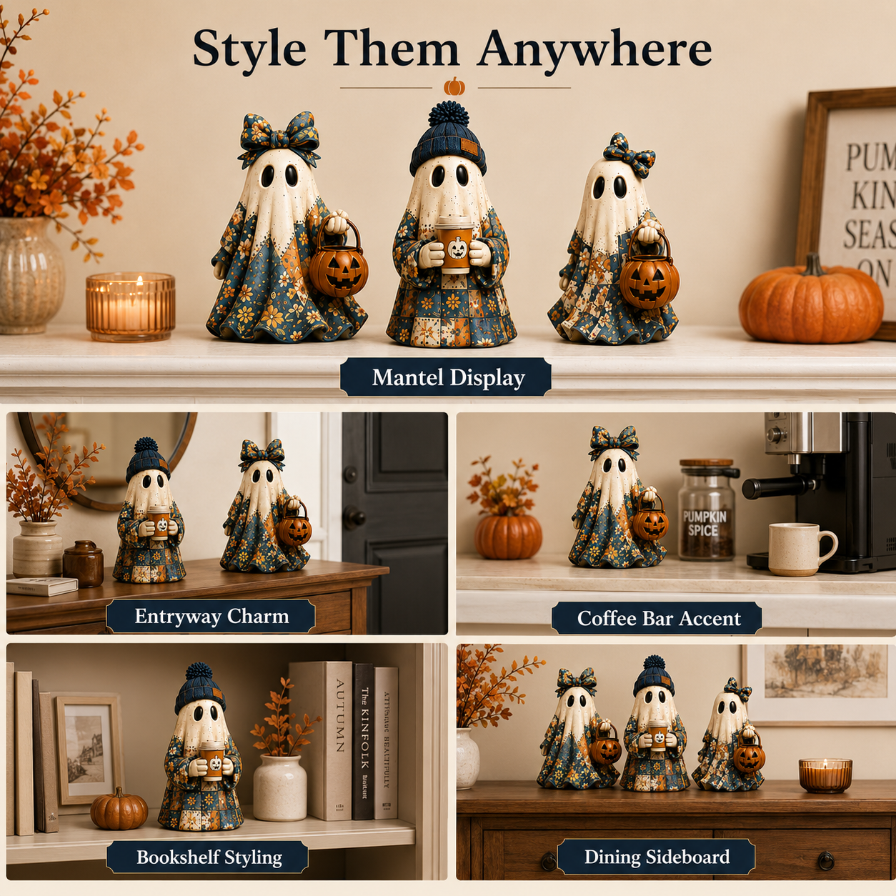 Cozy Patchwork Ghost Figurines