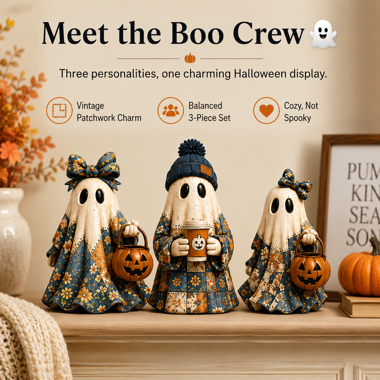 Cozy Patchwork Ghost Figurines