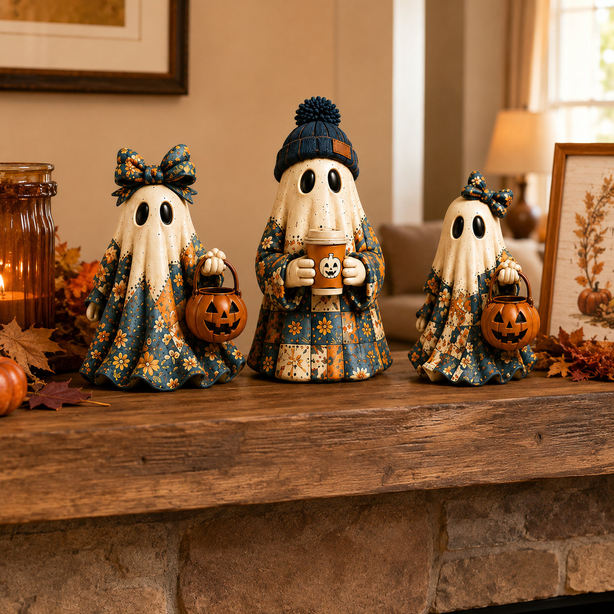 Cozy Patchwork Ghost Figurines