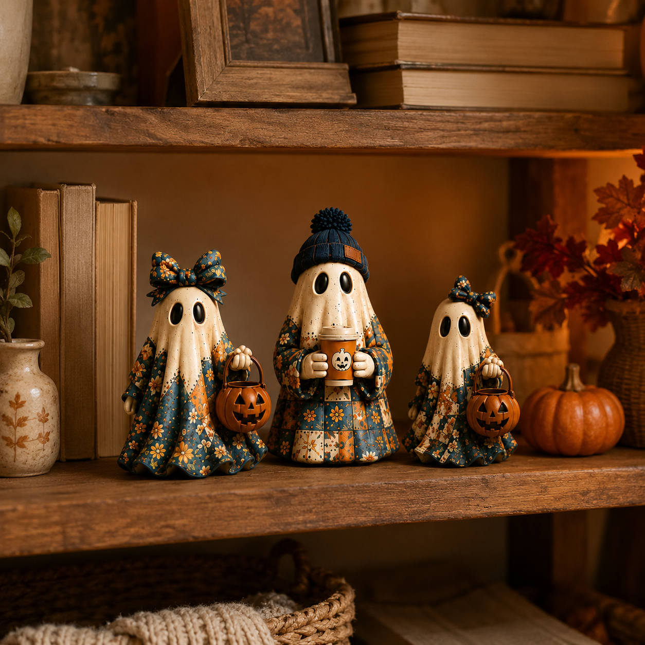 Cozy Patchwork Ghost Figurines