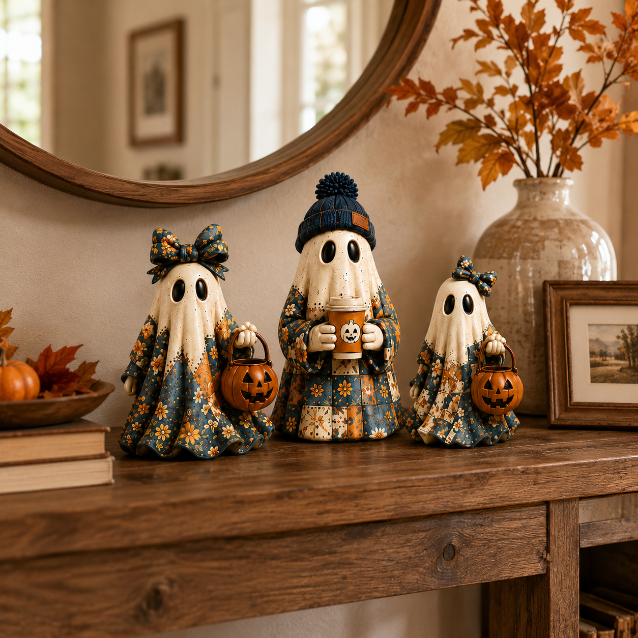 Cozy Patchwork Ghost Figurines