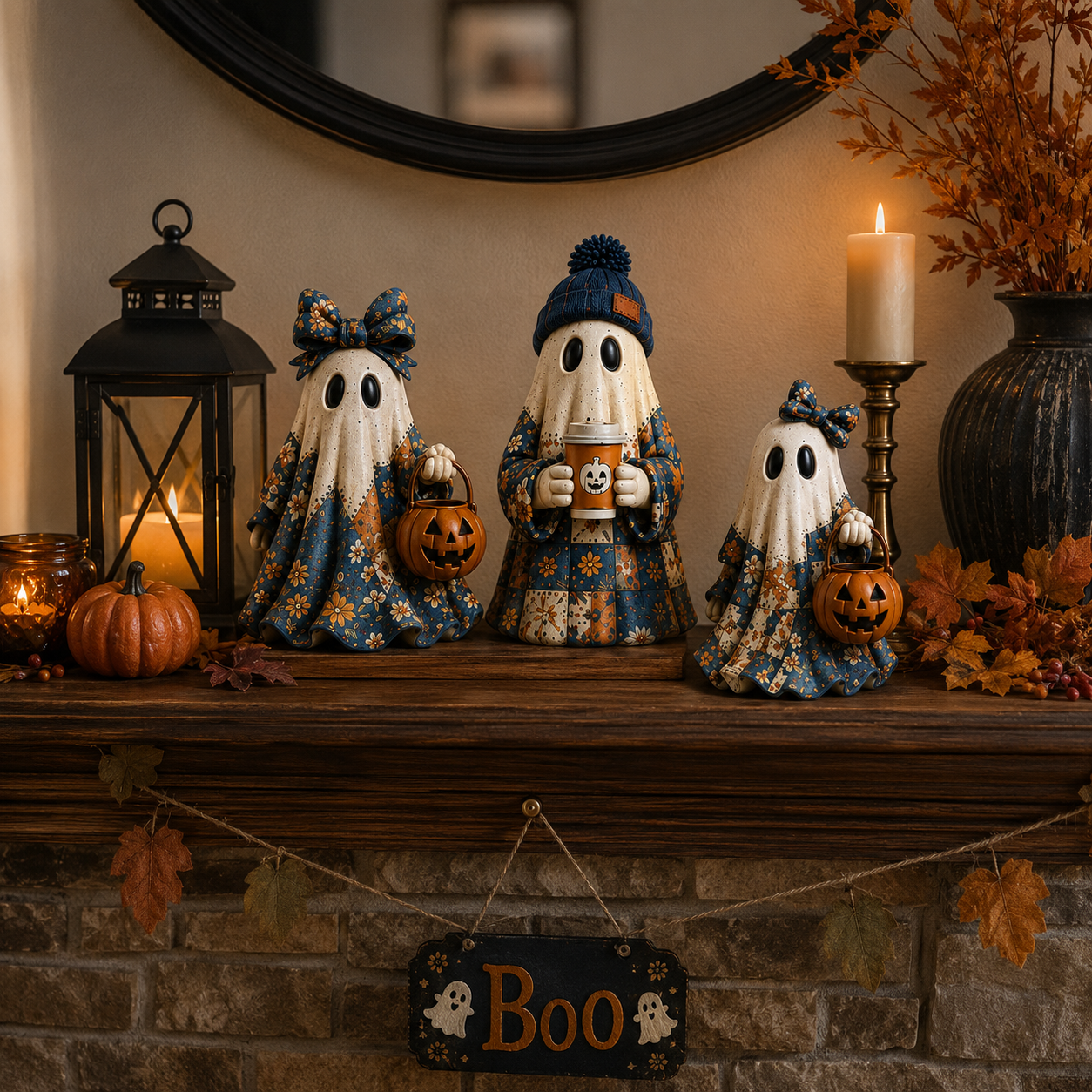 Cozy Patchwork Ghost Figurines