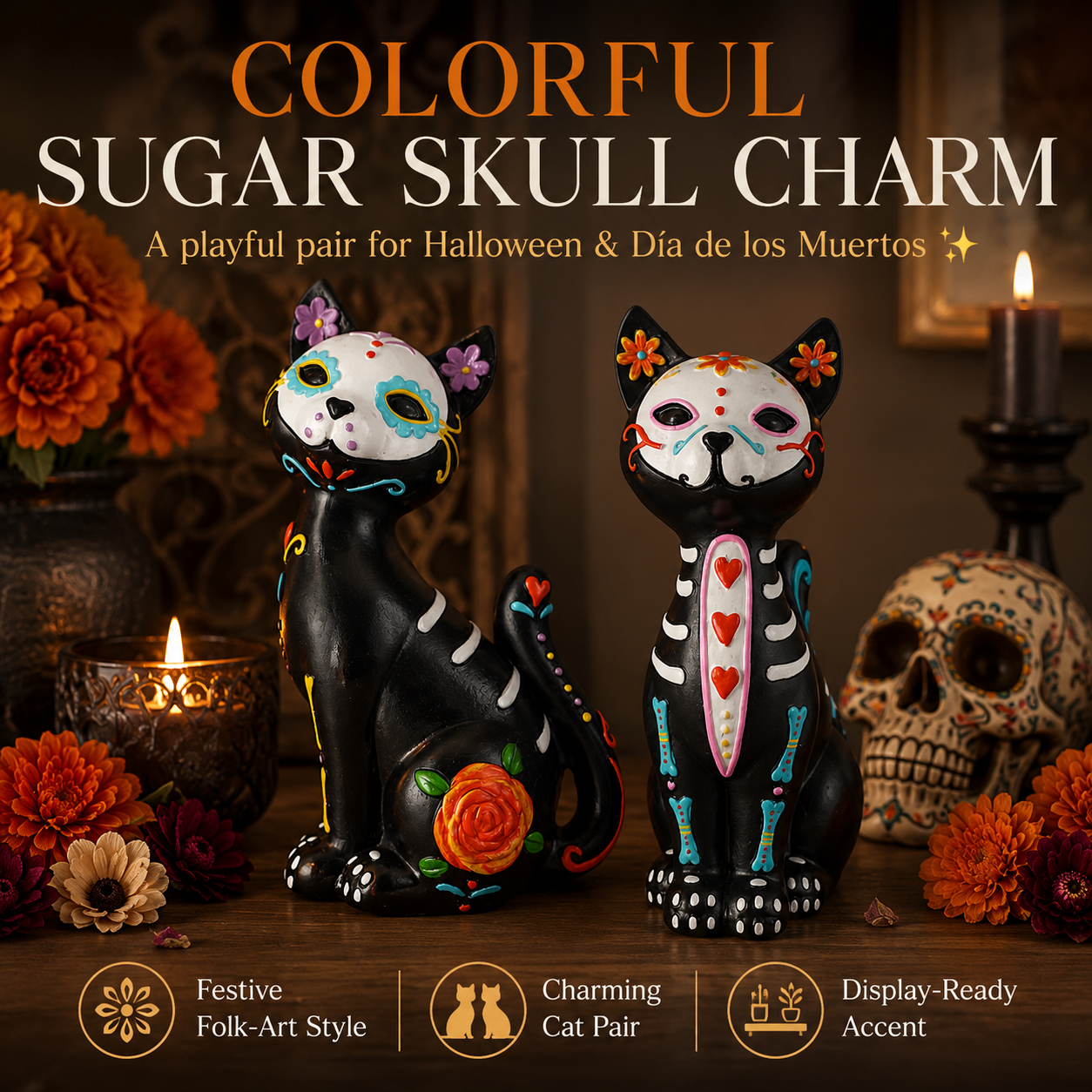 Sugar Skull Cat Figurines Set of 2