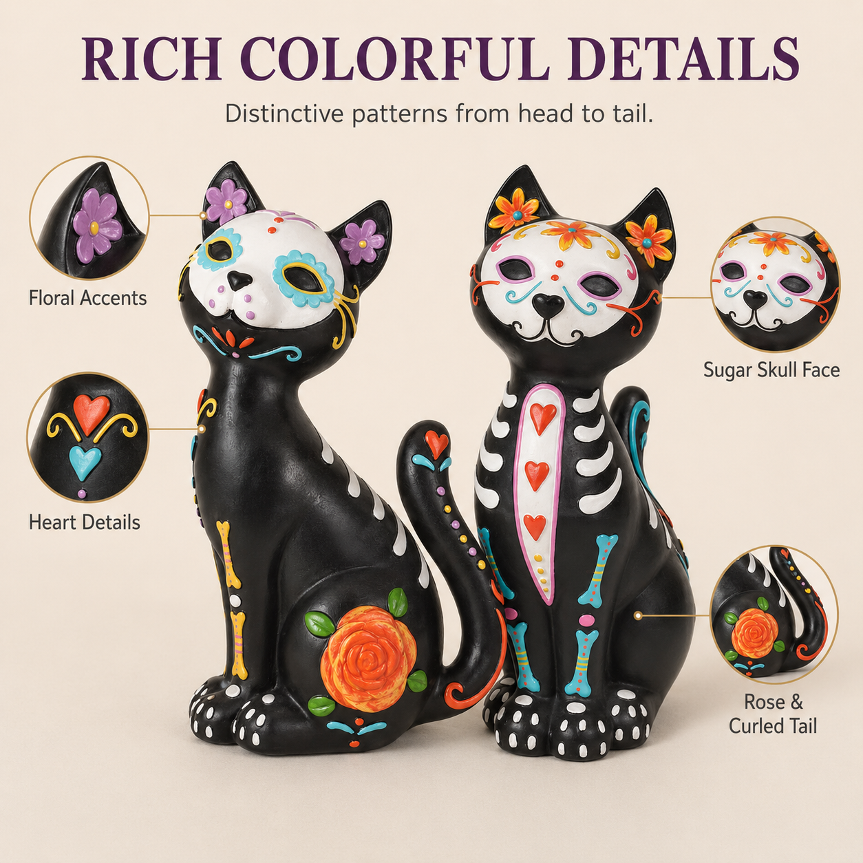 Sugar Skull Cat Figurines Set of 2