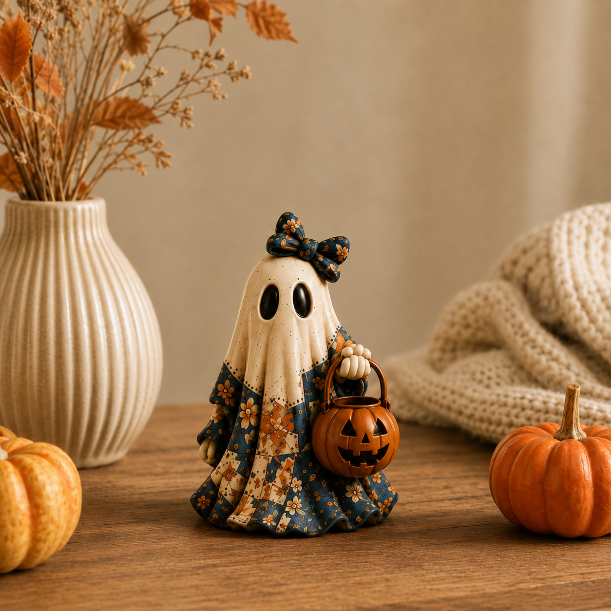 Cozy Patchwork Ghost Figurines