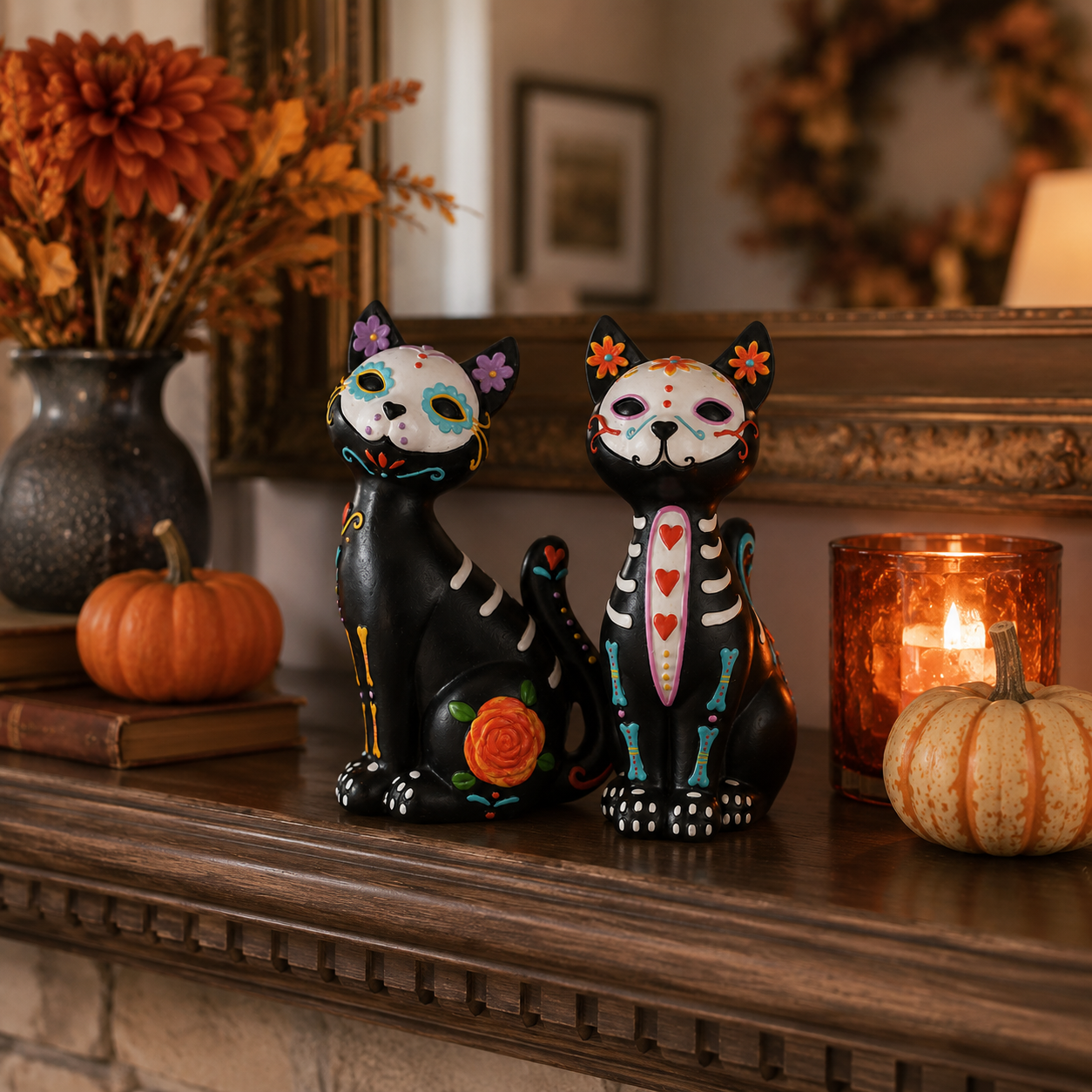 Sugar Skull Cat Figurines Set of 2