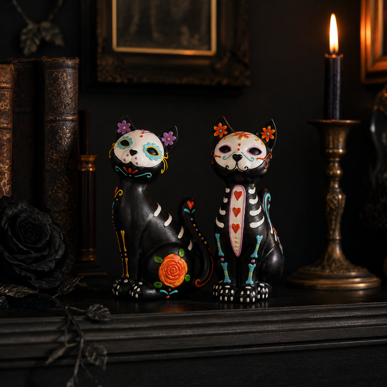 Sugar Skull Cat Figurines Set of 2