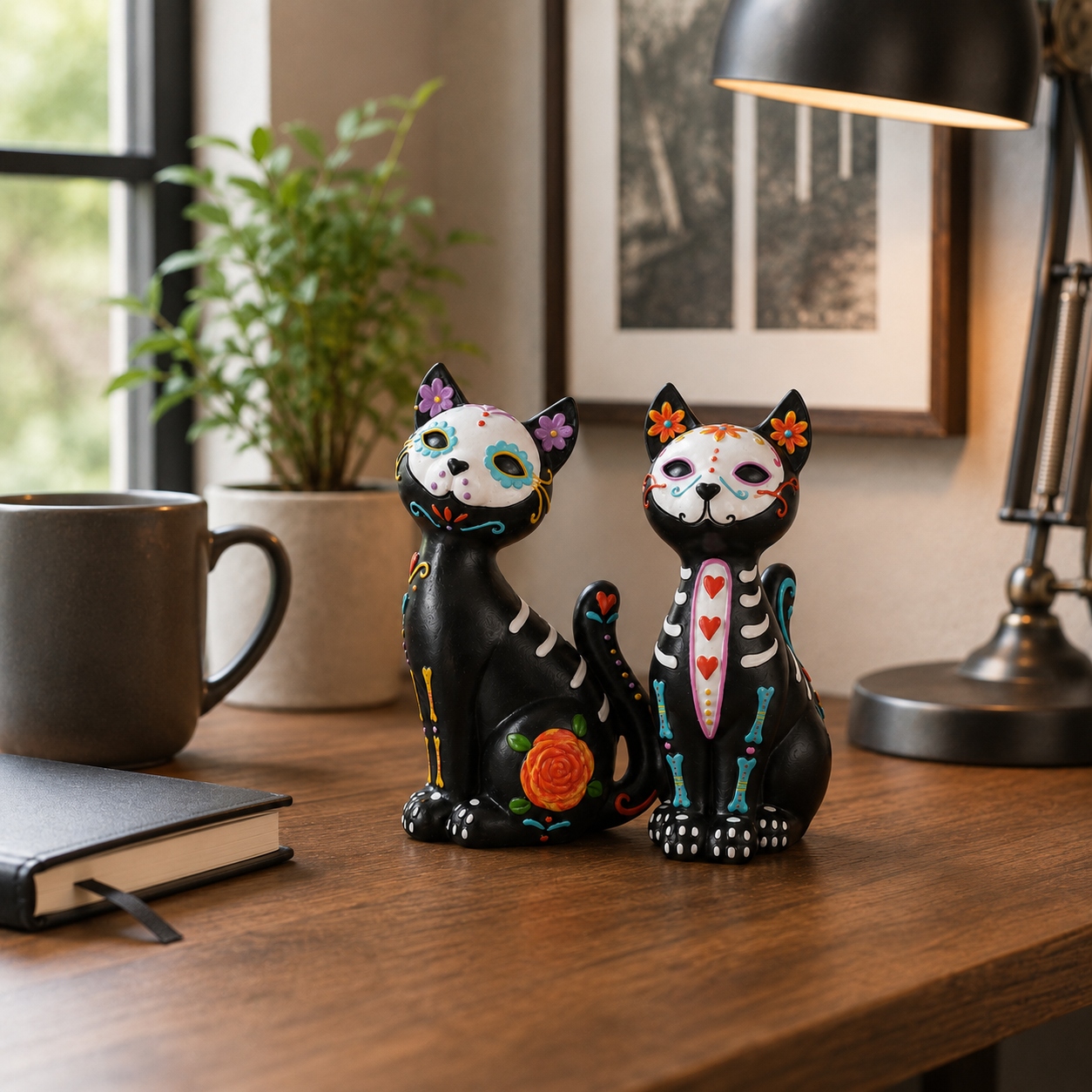 Sugar Skull Cat Figurines Set of 2