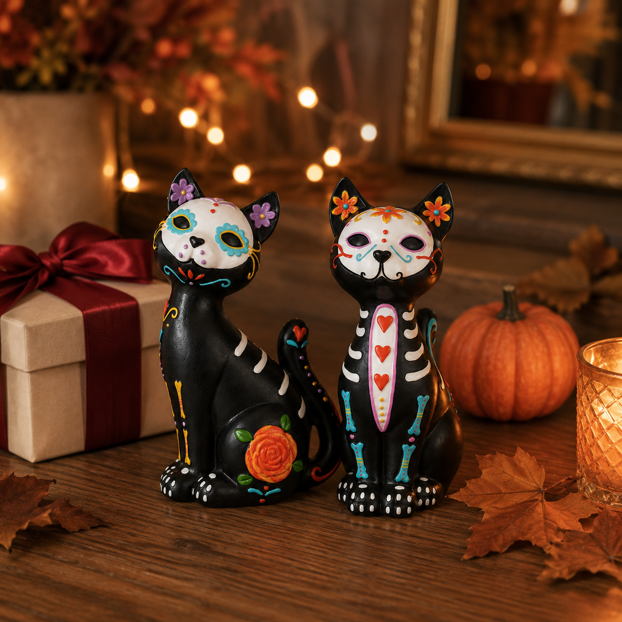 Sugar Skull Cat Figurines Set of 2