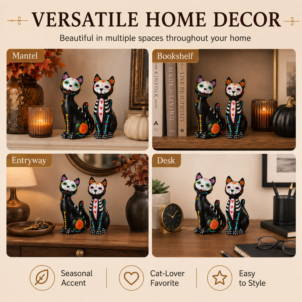 Sugar Skull Cat Figurines Set of 2