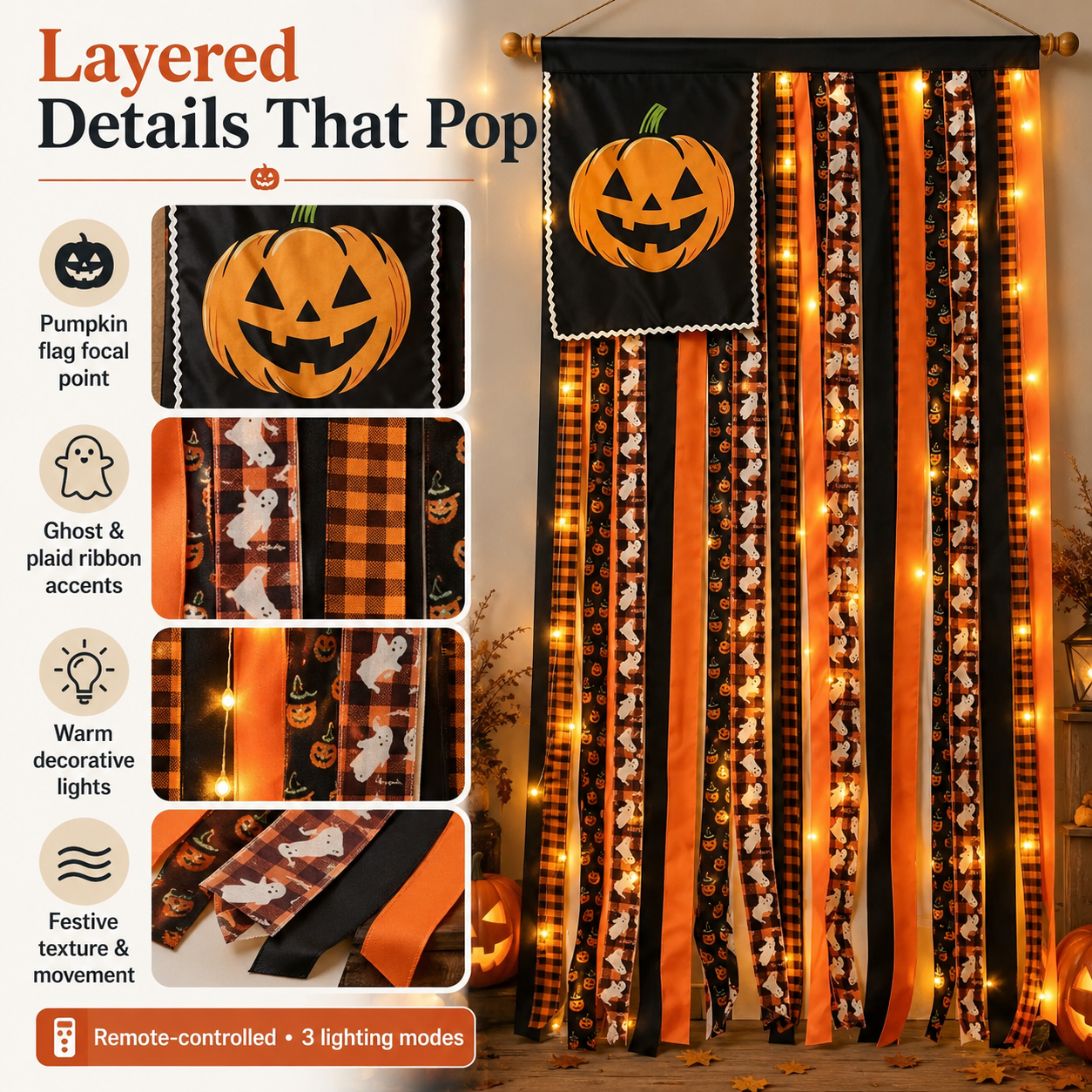 Remote-Controlled Lighted Halloween Pumpkin Ribbon Door Banner 🎃✨