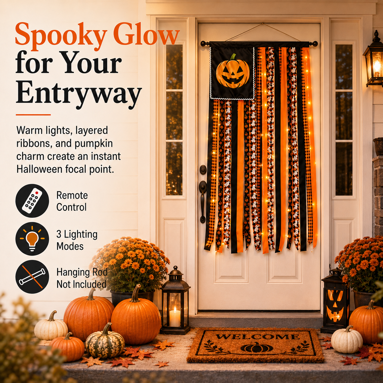 Remote-Controlled Lighted Halloween Pumpkin Ribbon Door Banner 🎃✨