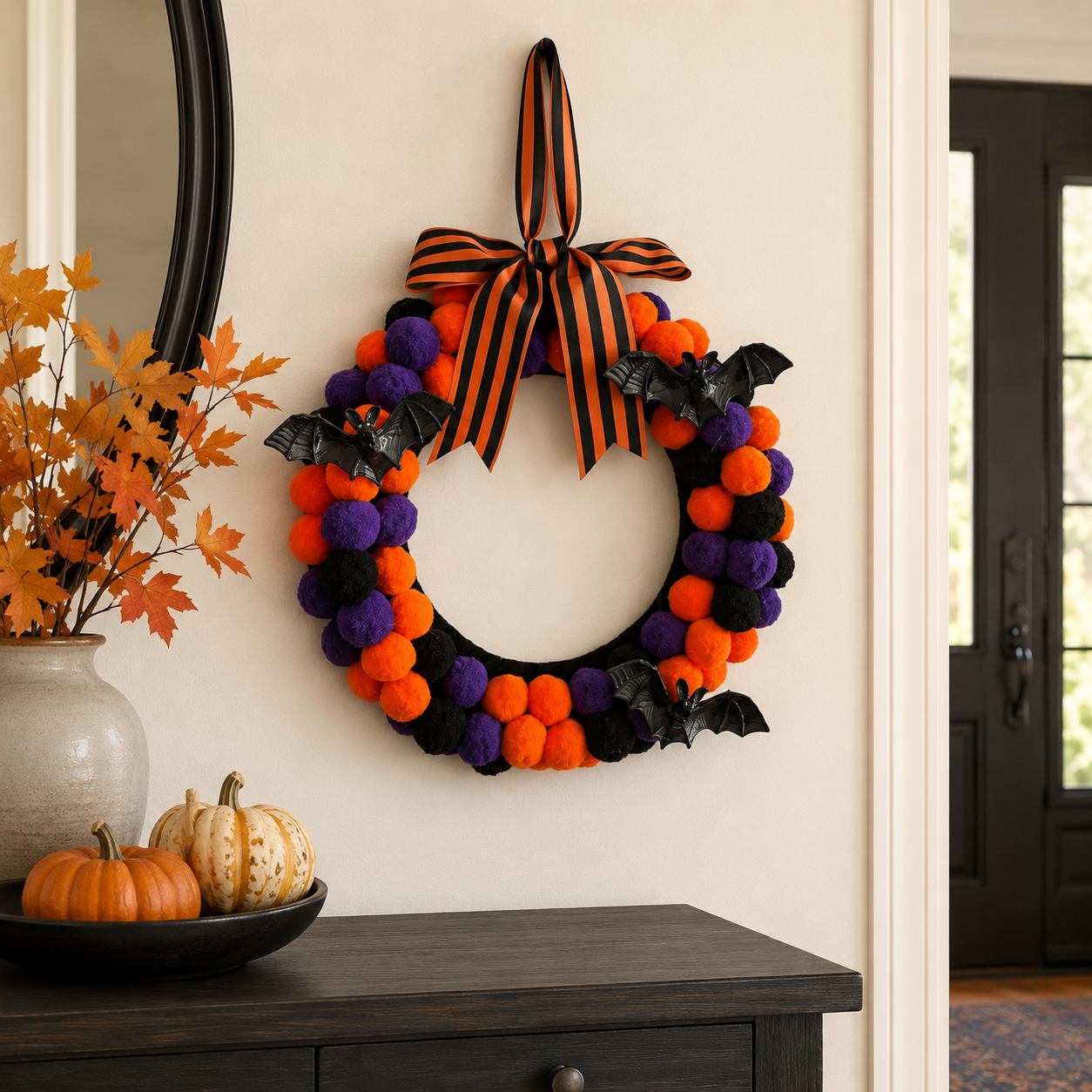Lighted Halloween Pom Pom Wreath
