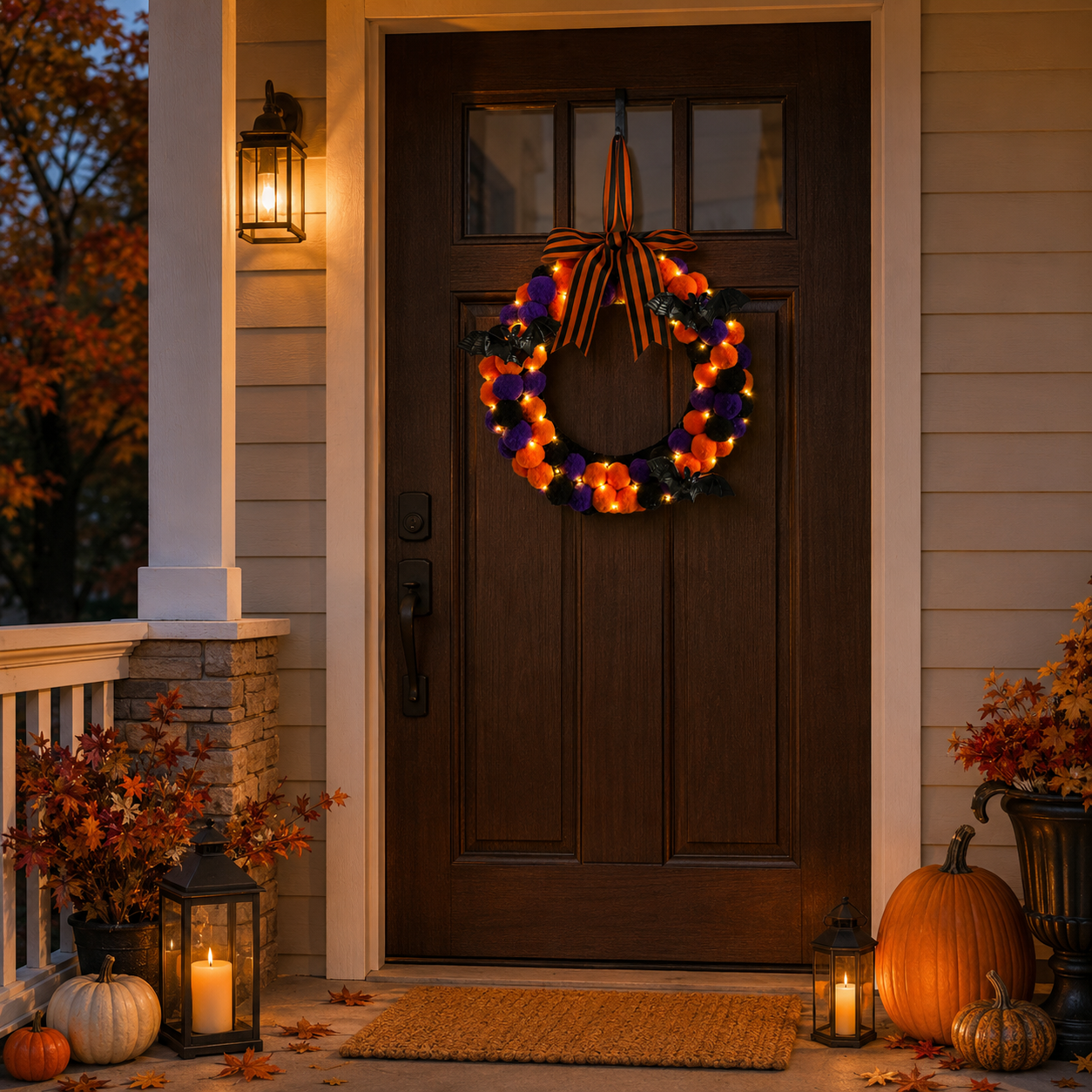 Lighted Halloween Pom Pom Wreath