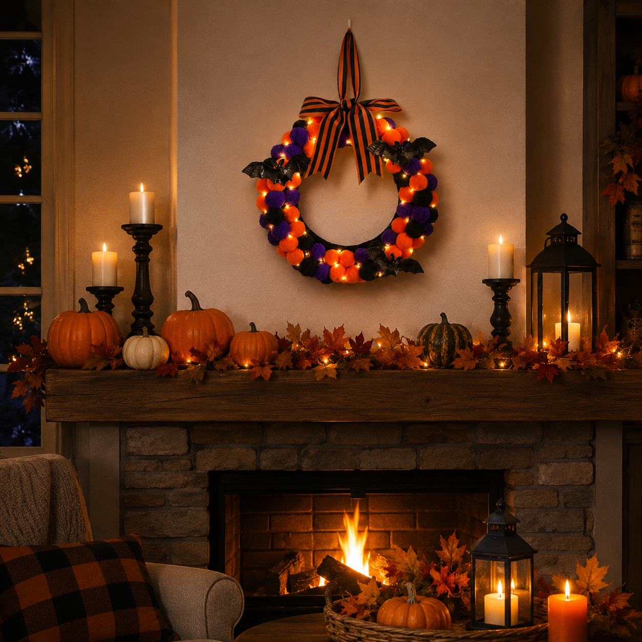 Lighted Halloween Pom Pom Wreath