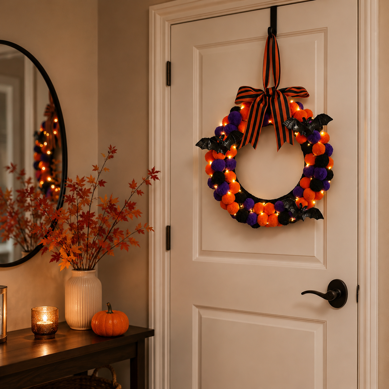 Lighted Halloween Pom Pom Wreath