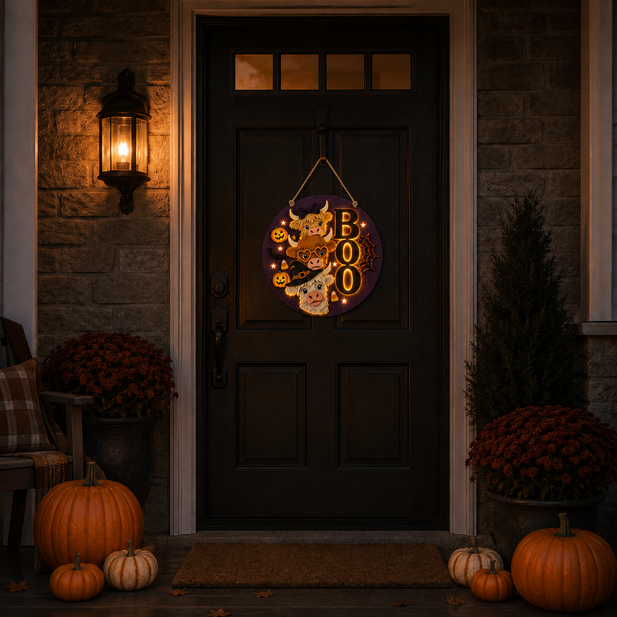 Boo Crew Highland Cow Light-Up Halloween Hanging Sign 🎃🐮