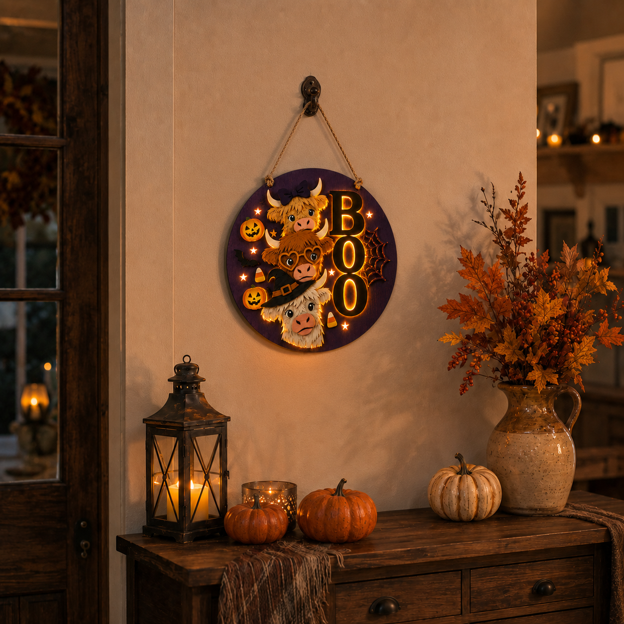 Boo Crew Highland Cow Light-Up Halloween Hanging Sign 🎃🐮