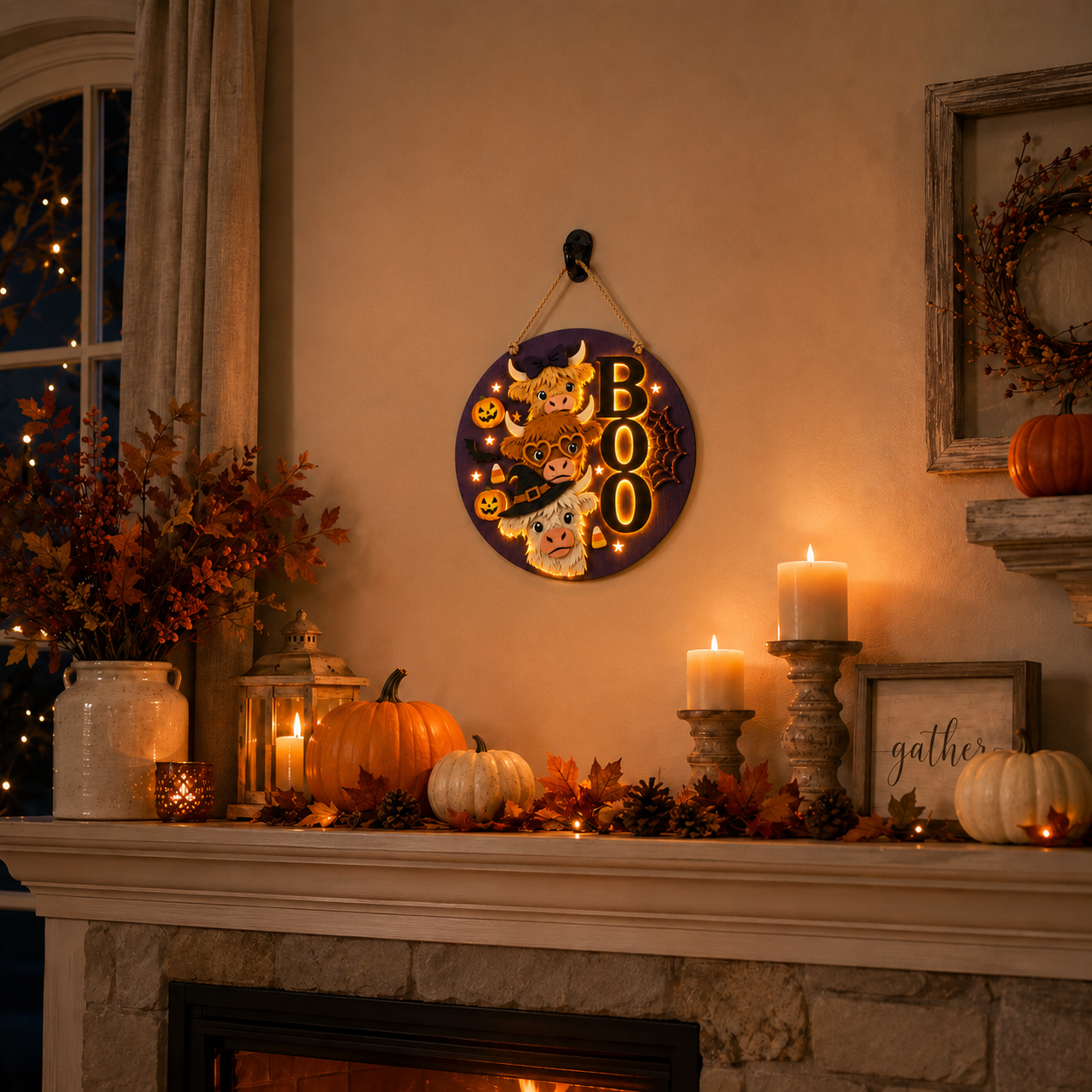 Boo Crew Highland Cow Light-Up Halloween Hanging Sign 🎃🐮