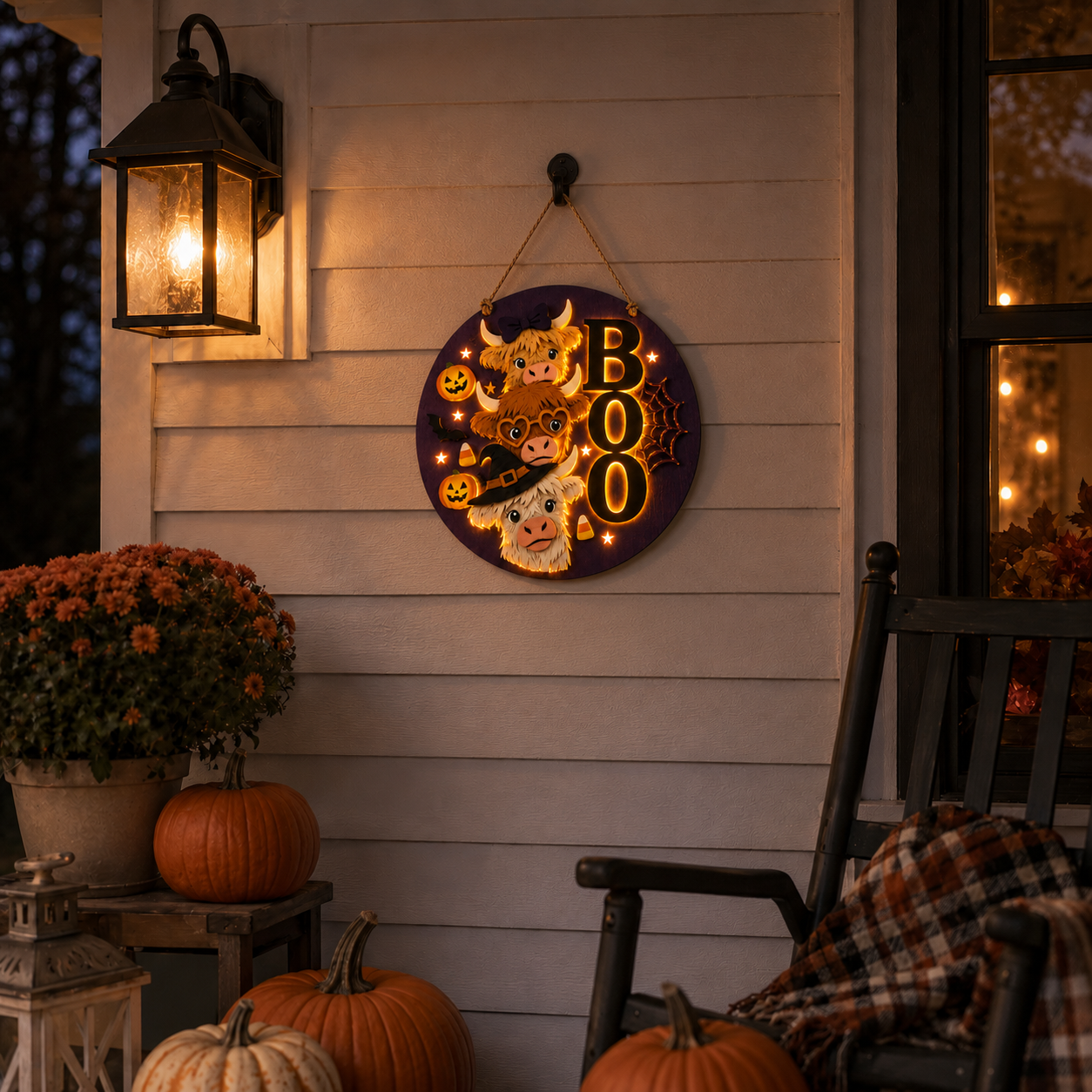 Boo Crew Highland Cow Light-Up Halloween Hanging Sign 🎃🐮