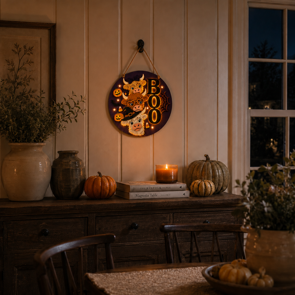 Boo Crew Highland Cow Light-Up Halloween Hanging Sign 🎃🐮