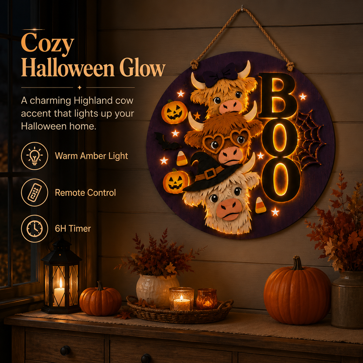 Boo Crew Highland Cow Light-Up Halloween Hanging Sign 🎃🐮