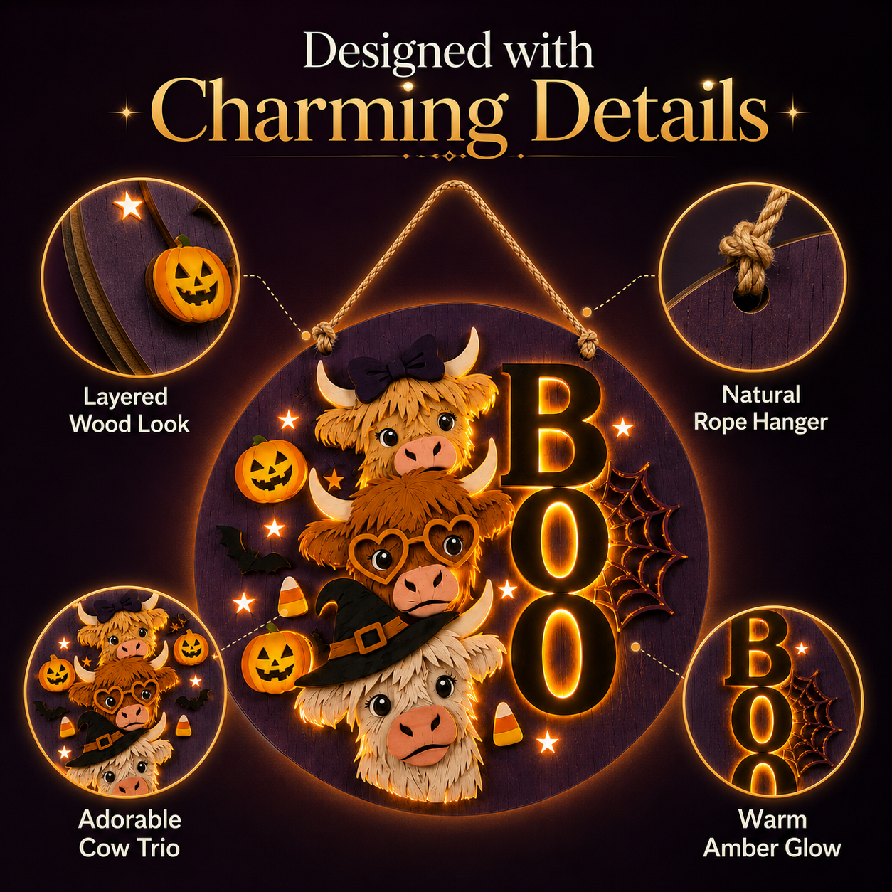 Boo Crew Highland Cow Light-Up Halloween Hanging Sign 🎃🐮