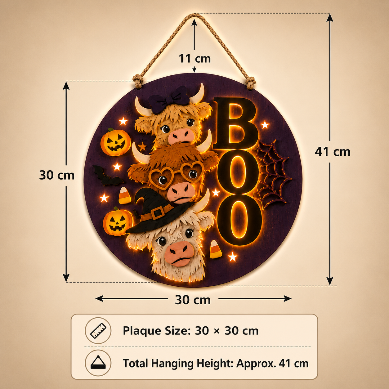 Boo Crew Highland Cow Light-Up Halloween Hanging Sign 🎃🐮