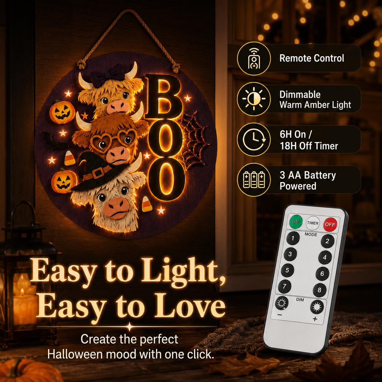 Boo Crew Highland Cow Light-Up Halloween Hanging Sign 🎃🐮