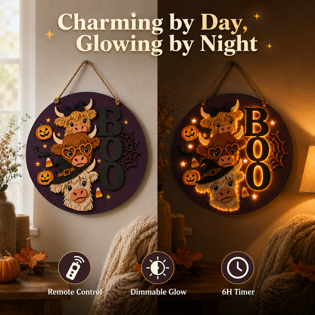 Boo Crew Highland Cow Light-Up Halloween Hanging Sign 🎃🐮