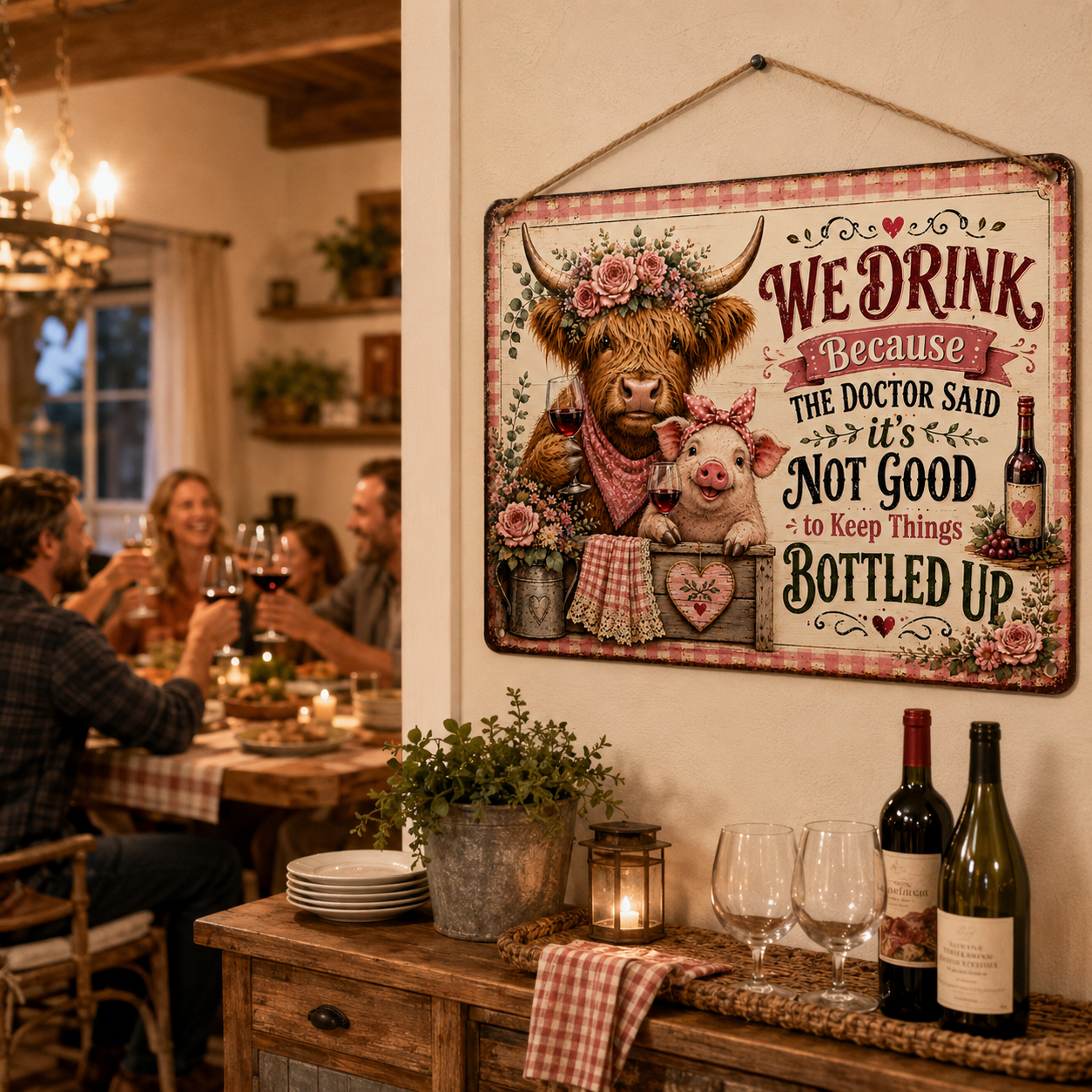 16 x 12 Inch Highland Cow and Pig Funny Wine Metal Sign