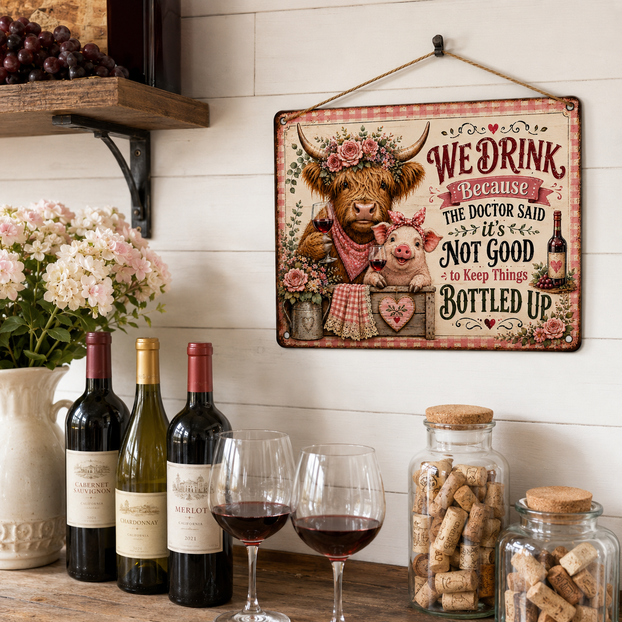 16 x 12 Inch Highland Cow and Pig Funny Wine Metal Sign