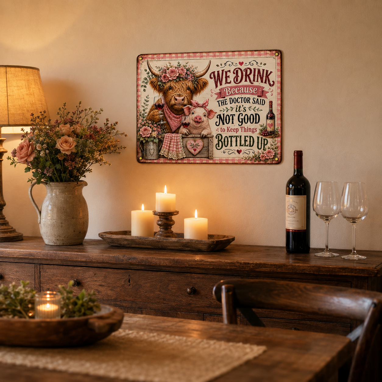16 x 12 Inch Highland Cow and Pig Funny Wine Metal Sign