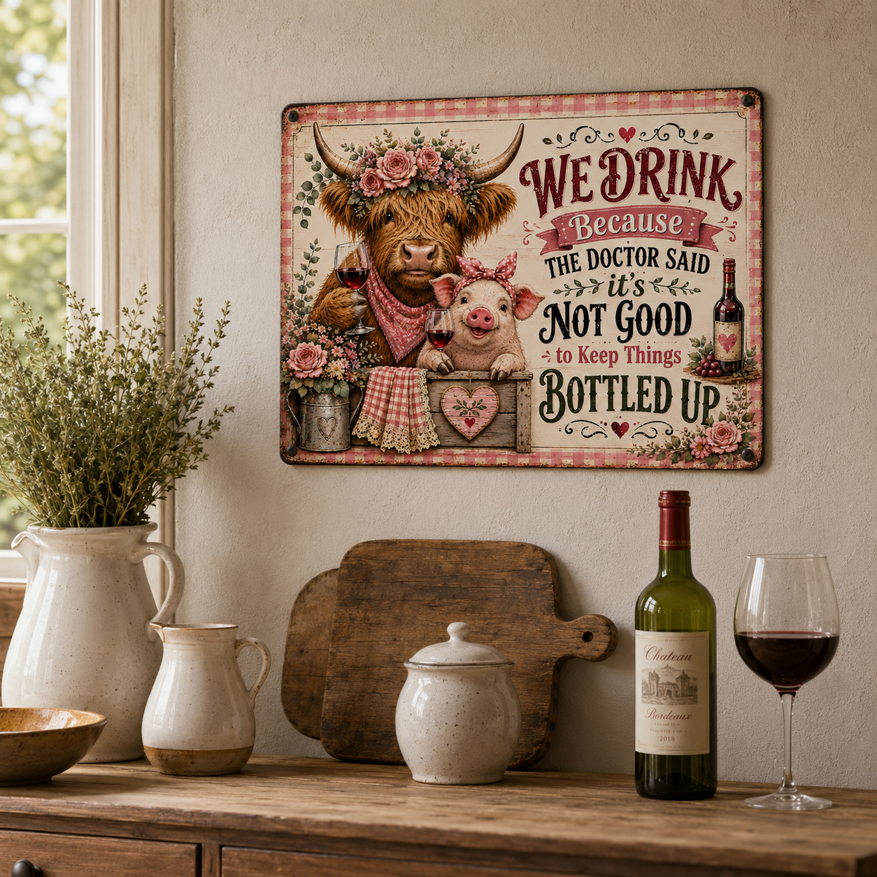 16 x 12 Inch Highland Cow and Pig Funny Wine Metal Sign