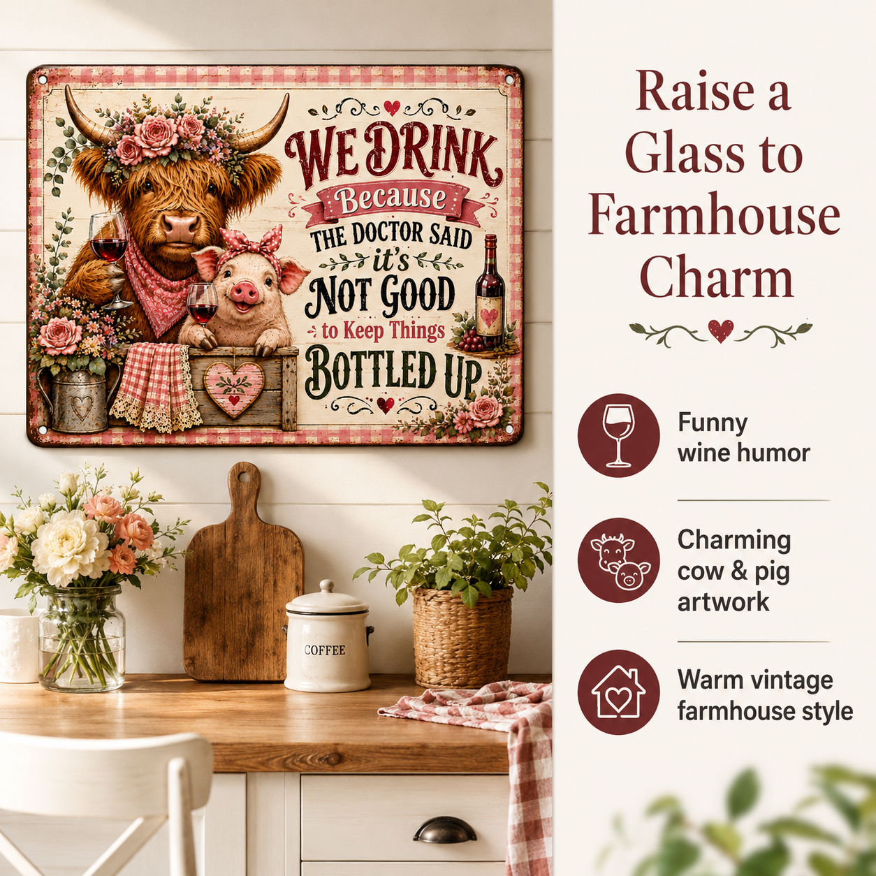 16 x 12 Inch Highland Cow and Pig Funny Wine Metal Sign