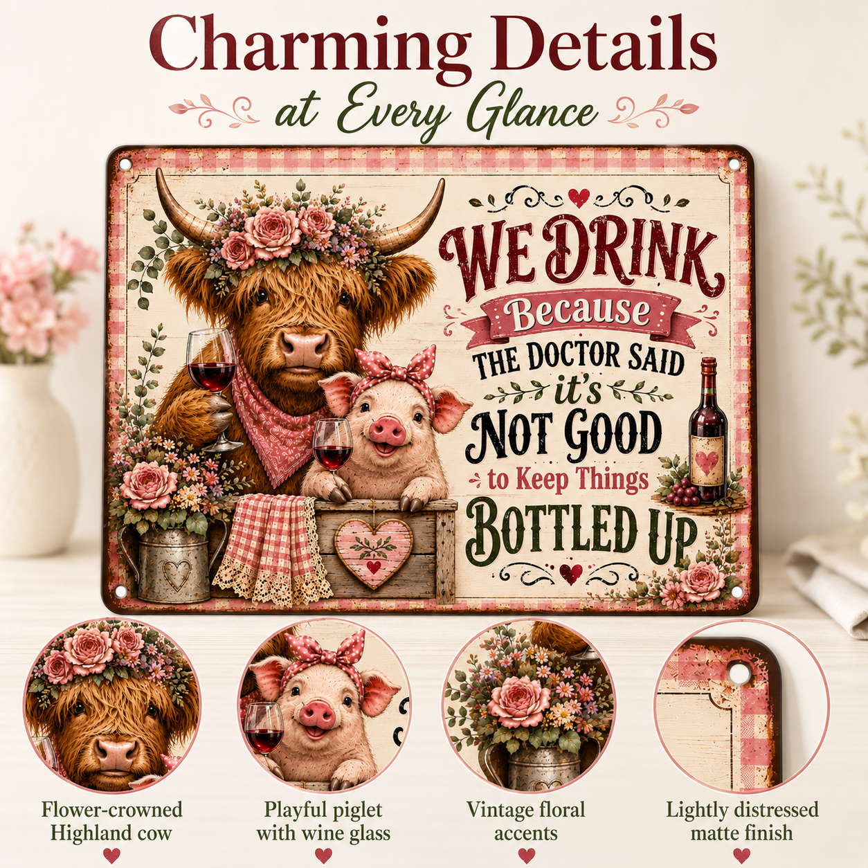 16 x 12 Inch Highland Cow and Pig Funny Wine Metal Sign